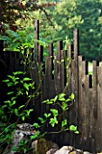 VEDDW HOUSE  WALES - BLACK PAINTED WOODEN FENCE WITH DIFFERENT SIZED PIECES OF WOOD