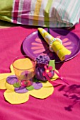 DESIGNER CLARE MATTHEWS: CHILDRENS PARTY - PLACE SETTING WITH FLOWERY PLATE  NAPKIN AND HOME MADE PARTY BAG