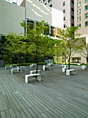 MARUNOUCHI HOTEL  TOKYO  JAPAN. MODERN FORMAL ROOF GARDEN WITH OFFICE BLOCKS - DECKED TERRACE WITH STONE SEATS  DECKING AND TREES