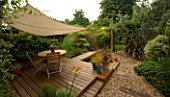 CANVAS CANOPY IN KATHY TAYLORS SMALL TOWN GARDEN  LONDON. DECKING  SHADE  TABLE AND CHAIRS  GRAVEL