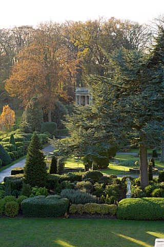 BRODSWORTH_HALL__YORKSHIRE_ENGLISH_HERITAGE_VIEW_OF_LAWN__MONKEY_PUZZLE_TREE__AND_EVERGREEN_TOPIARY_