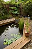 KATHY TAYLORS GARDEN  LONDON: BACK GARDEN WITH POND/ POOL EDGED WITH DECKING