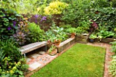 KATHY TAYLORS GARDEN  LONDON: A PLACE TO SIT: BACK GARDEN WITH LAWN AND WOODEN BENCH/ SEAT