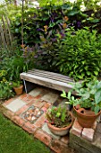 KATHY TAYLORS GARDEN  LONDON: A PLACE TO SIT: BACK GARDEN WITH WOODEN BENCH/ SEAT