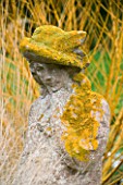 WOODPECKERS  WARWICKSHIRE  WINTER: STATUE WITH LICHEN IN FRONT OF SALIX ALBA HUTCHINSONS YELLOW