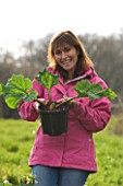 DESIGNER CLARE MATTHEWS - VEGETABLE PROJECT  DEVON. CLARE HOLDING A PLASTIC CONTAINER OF RHUBARB TIMPERLEY EARLY  READY FOR PLANTING