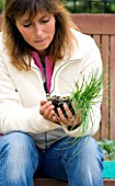DESIGNER CLARE MATTHEWS. POTAGER PROJECT: CLARE LOOKING AT LEEKS PANCHO READY FOR PLANTING