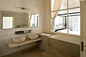 CORFU  GREECE: VILLA KALOKAIRI NEAR KALAMAKI. THE MASTER DOUBLE BEDROOM SEEN FROM THE BATHROOM