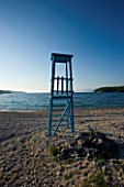 CORFU  GREECE: VIEW OF AVLAKI BEACH WITH LIFE GUARD WATCH TOWER