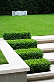 CONTEMPORARY TOWN/CITY/URBAN GARDEN DESIGNED BY CHARLOTTE SANDERSON: LAWN WITH METAL SEAT AND LIMESTONE STEPS WITH BOX RECTANGLES