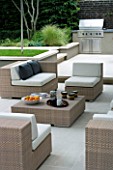 CONTEMPORARY TOWN/CITY/URBAN GARDEN DESIGNED BY CHARLOTTE SANDERSON: ENTERTAINING/RELAXING AREA WITH TABLE  CHAIRS AND SOFAS WITH BARBEQUE/OUTDOOR KITCHEN