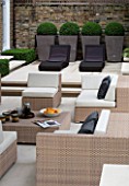 CONTEMPORARY TOWN/CITY/URBAN GARDEN DESIGNED BY CHARLOTTE SANDERSON: ENTERTAINING/RELAXING/DINING AREA WITH TABLE AND CHAIRS/SOFAS AND CHIC METAL PLANTERS WITH BOX