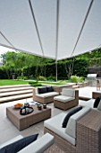 URBAN CONTEMPORARY MODERN MINIMALIST GARDEN DESIGNED BY CHARLOTTE SANDERSON: PATIO WITH TABLE AND CHAIRS  STEPS UP TO LAWN WITH AWNING OVERHEAD
