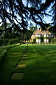 THE OLD RECTORY  HASELBECH  NORTHAMPTONSHIRE - LAWN WITH CEDAR OF LEBANON BESIDE THE LAWN WITH THE RECTORY BEHIND
