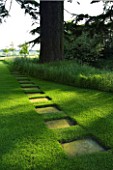 THE OLD RECTORY  HASELBECH  NORTHAMPTONSHIRE - LAWN WITH CEDAR OF LEBANON AND STEPPING STONE PATH MADE OF SLABS LAID INTO THE GRASS