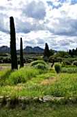 DESIGNER ALAIN DAVID IDOUX - MAS BENOIT  PROVENCE  FRANCE. VIEW TO MOUNTAINS WITH GRASSES AND CLIPPED CYPRESS TREES IN THE FOREGROUND.