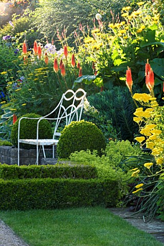 THE_OLD_RECTORY__HASELBECH__NORTHANTS_WHITE_METAL_CHAIR_SURROUNDED_BY_BOX__ACHILLEAS_AND_KNIPHOFIAS