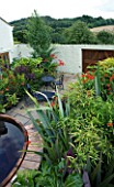 DARREN CLEMENTS GARDEN  STAFFORDSHIRE: COURTYARD GARDEN WITH MIXTURE OF ARCHITECTURAL EVERGREEN SHRUBS. BLACK TABLE AND CHAIRS AND HOT TUB