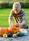 HALLOWEEN: BOY (AGED 13) PUTS CANDLE INSIDE A PUMPKIN - STILL LIFE ON OUTDOOR WOODEN TABLE WITH PUMPKINS  SQUASHES AND GOURDS