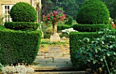 VIEW THROUGH YEW TOPIARY HEDGES WITH STEPS UP TO TERRACE WITH TALL CONTAINER OF TRAILING PELARGONIUMS. LITTLE BOWDEN  BERKSHIRE.