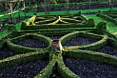 CERNEY HOUSE  GLOUCESTERSHIRE: FORMAL PARTERRE IN THE WALLED GARDEN WITH RHUBARB FORCING JARS