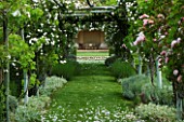 PRIVATE GARDEN  PROVENCE  FRANCE - DESIGNER DOMINIQUE LAFOURCADE. WOODEN PERGOLA WITH CLIMBING WHITE ROSE ICEBERG PLUS UNKNOWN PINK ROSE AND VIEW TO SEATING AREA