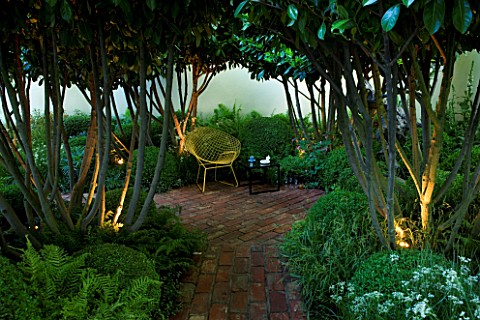 CHELSEA_2008__DESIGNER_DIARMUID_GAVIN_LOLLIPOP_CATALPA_TREES__BRICK_PATH_AND_TABLE_AND_CHAIRS_LIT_UP