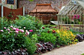THE WALLED GARDEN AT COWDRAY  WEST SUSSEX. DESIGNER: JAN HOWARD - GAZEBO AND CONSERVATORY/GREENHOUSE BEHIND EARLY SUMMER BORDER WITH PEONIES (PAEONIA) AND HEUCHERA