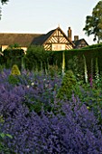 WOLLERTON OLD HALL  SHROPSHIRE. VIEW UP TO THE EAST GABLE OF THE HOUSE LOOKING OVER NEPETA SIX HILLS GIANT IN THE ROSE GARDEN