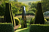 DAVID HARBER SUNDIALS: STAINLESS STEEL OBELISK SUNDIAL AT PETTIFERS  OXFORDSHIRE  IN THE PARTERRE WITH YEW TOPIARY AND BOX HEDGING