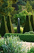 DAVID HARBER SUNDIALS: STAINLESS STEEL OBELISK SUNDIAL AT PETTIFERS  OXFORDSHIRE  IN THE PARTERRE WITH YEW TOPIARY AND LOW BOX HEDGING