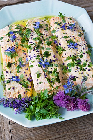COWDRAY_WALLED_GARDEN__SUSSEX_DESIGNER_JAN_HOWARD_FOOD_ON_A_PLATE_SALMON_AND_EDIBLE_FLOWERS_INCLUDIN