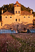 CHATEAU PLAISIR  FRANCE  DESIGNER: PASCAL CRIBIER - VIEW ACROSS THE GAURA PARTERRE TO THE CHATEAU IN EVENING LIGHT