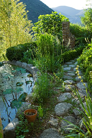 JARDIN_DES_SAMBUCS__FRANCE__LILY_POND_AND_RIVER_COBBLE_PATH_APPROACHING_THE_KING_SCULPTURE_BY_STEPHA