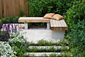 DESIGNER: CHARLOTTE ROWE  LONDON: FORMAL TOWN/CITY GARDEN WITH WOODEN CORNER BENCH/ SEAT AND STEPS INTERPLANTED WITH PERENNIALS