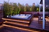 CONTEMPORARY FORMAL ROOF TERRACE/ GARDEN DESIGNED BY DATA NATURE ASSOCIATES: DECK AREA WITH PERGOLA  TABLE  SEATING AND CUSHIONS. JACUZZI AND BAMBOOS. NIGHT. LIGHTING