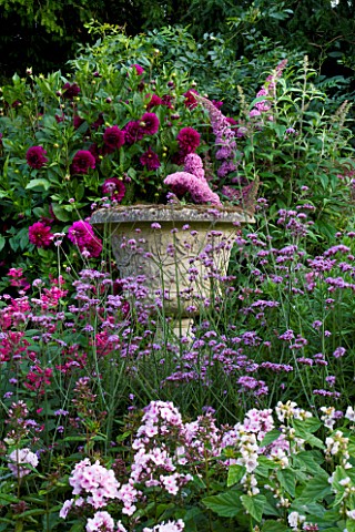 WOLLERTONCENTRE_OF_PINK_PERENNIAL_BORDER_WITH_URN__PHLOX_ARENDSII_PING_PONG__MALVA_ROMNEY_MARCH__VER
