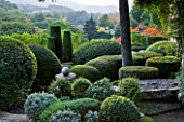 PROVENCE  FRANCE: GARDEN OF NICOLE DE VESIAN  LA LOUVE: CLIPPED TOPIARY SHAPES   RHUS TYPHINA (STAGS HORN SUMACH)  AND COUNTRYSIDE (GARRIGUE) BEYOND