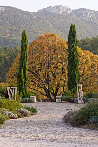 PROVENCE__FRANCE_DOMAINE_DE_LA_VERRIERE_WOODEN_SCULPTURE_BY_MARC_NUCERA_EITHER_SIDE_OF_A_LINDEN_TREE
