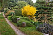 GARDEN OF ERIK BORJA  FRANCE: PATH EDGED WITH CLIPPED TOPIARY SHAPES  SAGE  BASALT COLUMNS
