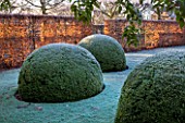 WOLLERTON OLD HALL  SHROPSHIRE: WINTER GARDEN IN FROST -  THE FONT GARDEN WITH CLIPPED BOX BALLS AND BEECH HEDGING. DAWN LIGHT