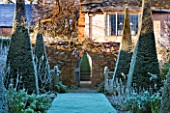 WOLLERTON OLD HALL  SHROPSHIRE: WINTER GARDEN IN FROST -  GRASS PATH ALONG THE YEW WALK WITH CLIPPED YEW TOPIARY PYRAMIDS AND THE HOUSE BEHIND. DAWN LIGHT