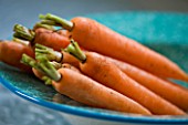 DESIGNER: CLARE MATTHEWS - CLOSE UP OF RAW ORANGE CARROTS IN A BLUE BOWL. EDIBLE  VEGETABLE  FOOD