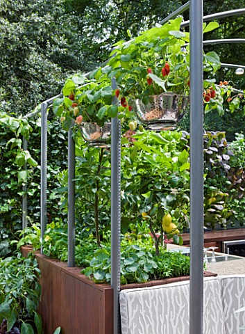 CHELSEA_FLOWER_SHOW_2009__FRESHLY_PREPPED_GARDEN_BY_ARALIA_OUTDOOR_KITCHEN_WITH_COLANDERS_USED_AS_HA