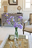 DESIGNER: CLAIRE SKINNER  ROU ESTATE  CORFU: HOUSE INTERIOR - LIVING ROOM IN GREY AND CREAM. PURPLE IRISES IN VASES  GLASS TOP COFFEE TABLE  WOODEN SIDEBOARD