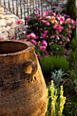 THE ROU ESTATE  CORFU: DETAIL OF OLD STONE URN WITH PINK ROSES IN BACKGROUND