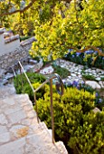 THE ROU ESTATE  CORFU: TERRACED STONE STEPS WITH DECORATIVE METAL RAILING AND ROSEMARY