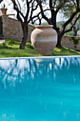 THE KAPARELLI ESTATE  CORFU - VIEW OVER SWIMMING POOL TO OLIVE TREES AND TERRACOTTA URN