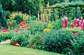 COTTAGE GARDEN: THE HERBACEOUS BORDER AT GREENHURST GARDEN  SUSSEX  WITH POPPIES  LUPINS AND CENTAUREA MONTANA