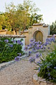 THE ROU ESTATE  CORFU  GREECE: DESIGNER: DOMINIC SKINNER - MEDITTERANEAN STYLE GARDEN - GRAVEL PATH AND AGAPANTHUS WITH GREEN DOOR IN BACKGROUND